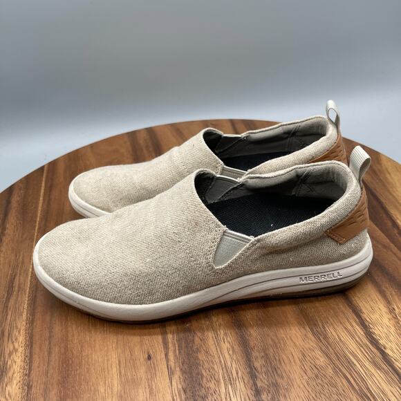Merrell Gridway Moc Shoes Womens Size 6 Tan Canvas Slip On Vibram Sneakers - Picture 3 of 8